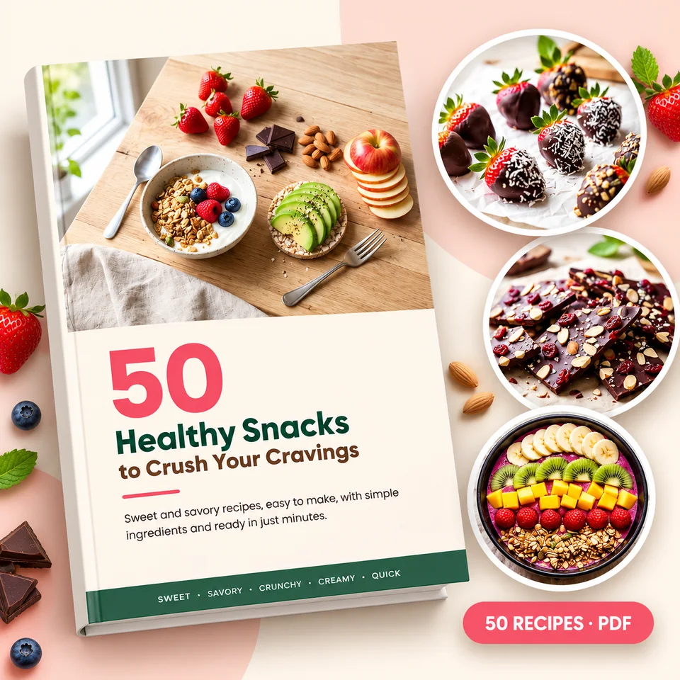 The ebook 50 Healthy Snacks to Crush Your Cravings with sample recipe photos