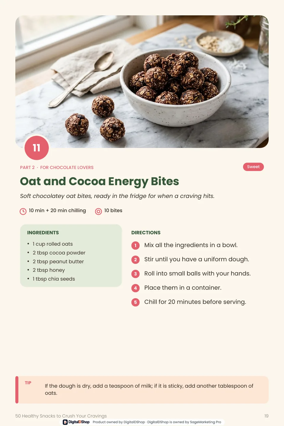 Recipe page from the ebook: Oat and Cocoa Energy Bites