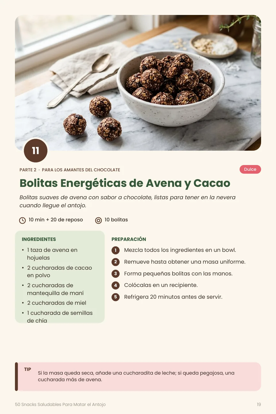 Página de receta del ebook: Bolitas Energéticas de Avena y Cacao
