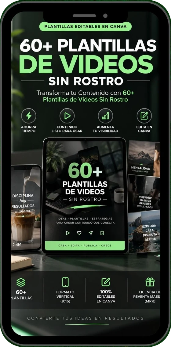 Portada de 60+ Plantillas de Videos Sin Rostro mostrada en la pantalla de un celular