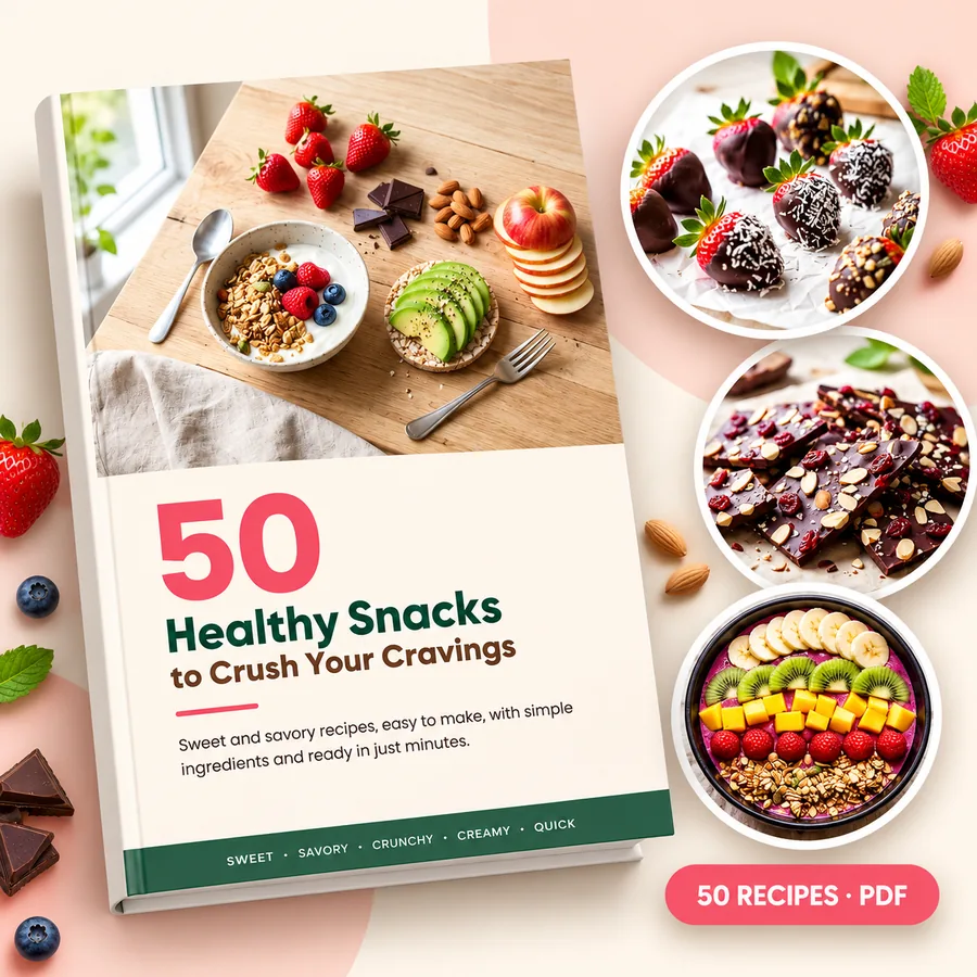 50 Healthy Snacks to Crush Your Cravings recipe ebook cover with sweet and savory snack photos