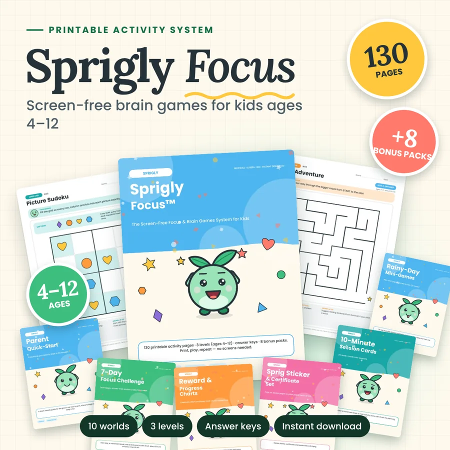 Sprigly Focus+ screen-free printable activity pages for kids with 8 bonus packs for parents