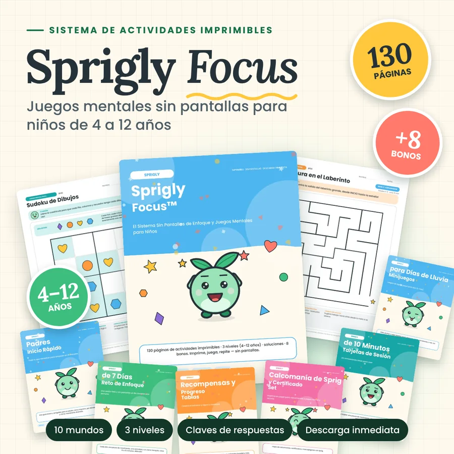 Sprigly Focus+ actividades imprimibles sin pantallas para niños, con 8 paquetes bonus para padres